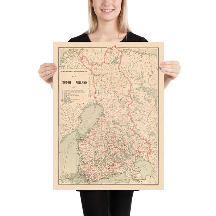 Old Map of Finland, 1897: Helsinki, Tampere, Gulf of Bothnia, Railways, Borders