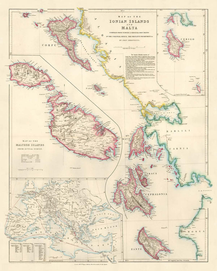 Old Map of Greece and Malta by Arrowsmith, 1844: Corfu, Valletta, Ionian Sea, Inset Map, Topography
