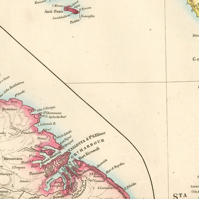 Old Map of Greece and Malta by Arrowsmith, 1844: Corfu, Valletta, Ionian Sea, Inset Map, Topography