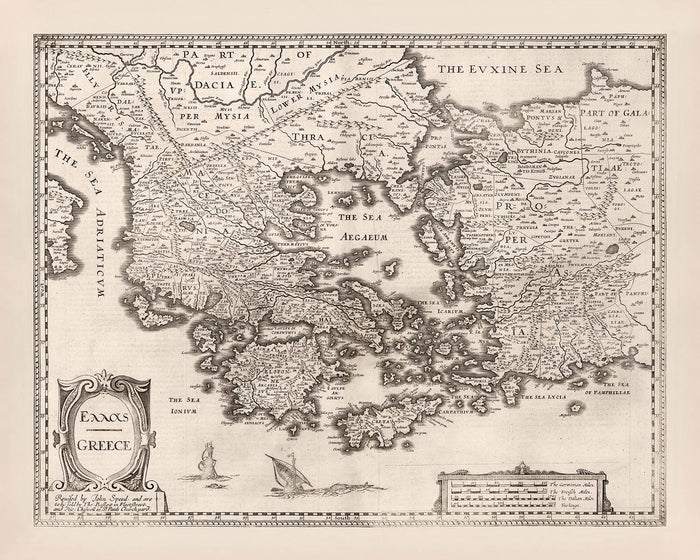 Old Map of Greece by Speed, 1676: Athens, Corinth, Aegean Sea, Ships