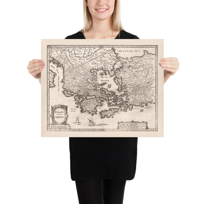 Old Map of Greece by Speed, 1676: Athens, Corinth, Aegean Sea, Ships