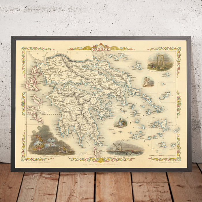 Old Map of Greece & Ionian Isles by Tallis, 1851: Athens, Mt. Olympus, Temple of Jupiter, Aegean