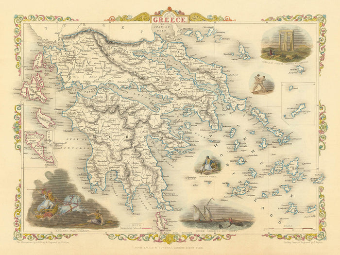 Old Map of Greece & Ionian Isles by Tallis, 1851: Athens, Mt. Olympus, Temple of Jupiter, Aegean