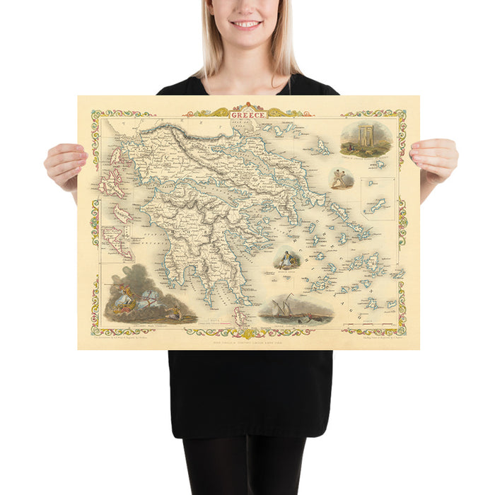 Old Map of Greece & Ionian Isles by Tallis, 1851: Athens, Mt. Olympus, Temple of Jupiter, Aegean