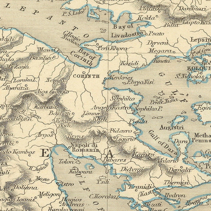 Old Map of Greece & Ionian Isles by Tallis, 1851: Athens, Mt. Olympus, Temple of Jupiter, Aegean