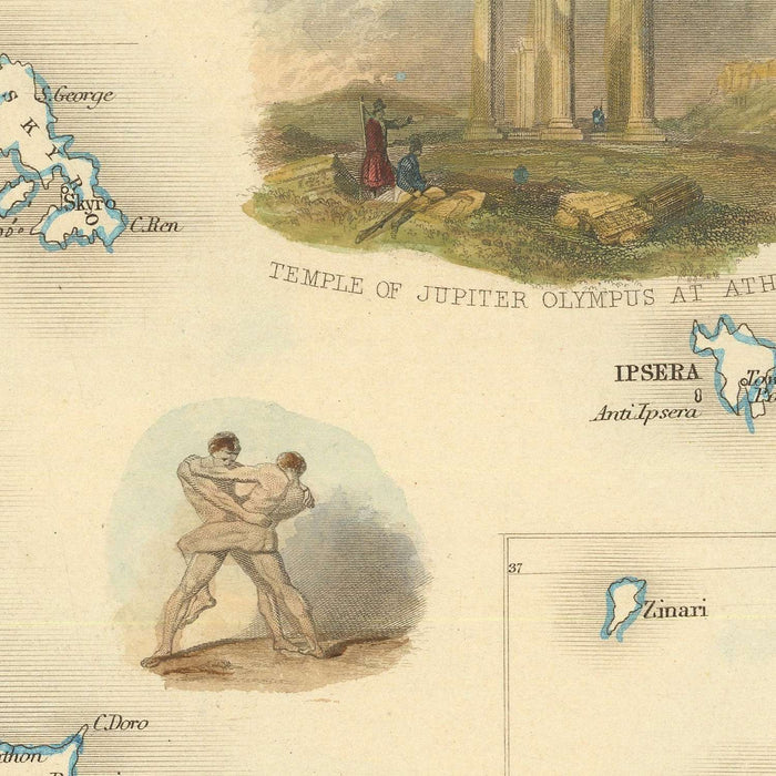 Old Map of Greece & Ionian Isles by Tallis, 1851: Athens, Mt. Olympus, Temple of Jupiter, Aegean