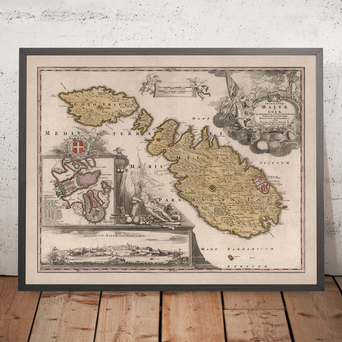 Old Map of Malta by Homann, 1788: Valletta, Mdina, Fortifications, Boats