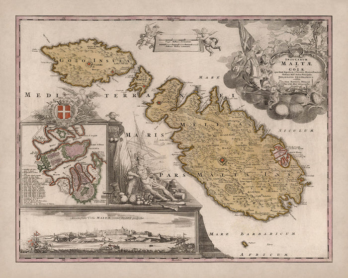 Old Map of Malta by Homann, 1788: Valletta, Mdina, Fortifications, Boats