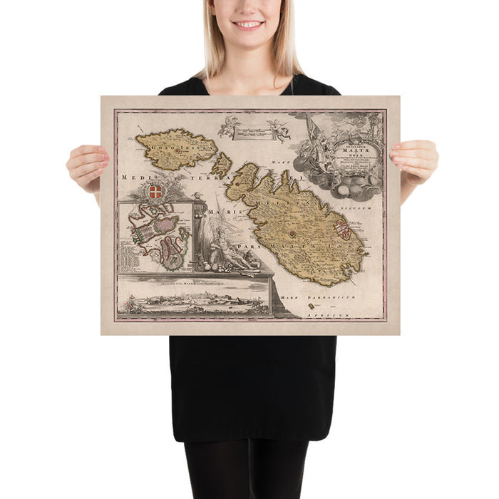 Old Map of Malta by Homann, 1788: Valletta, Mdina, Fortifications, Boats