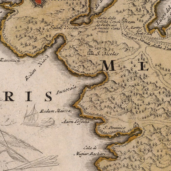 Old Map of Malta by Homann, 1788: Valletta, Mdina, Fortifications, Boats