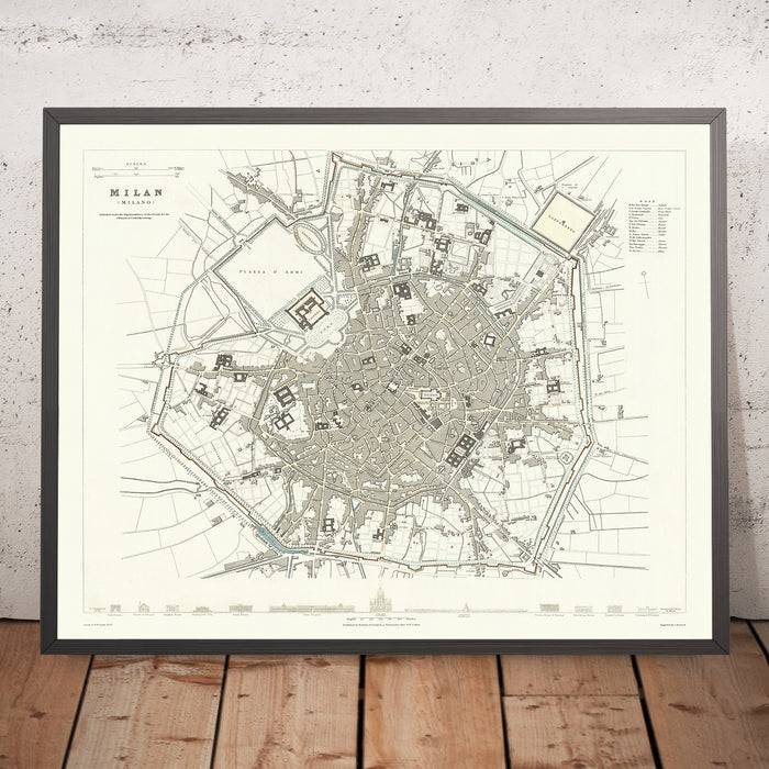 Old Map of Milan, 1832: Duomo, Sforza Castle, Piazza d'Armi, Royal Palace, Lazzaretto