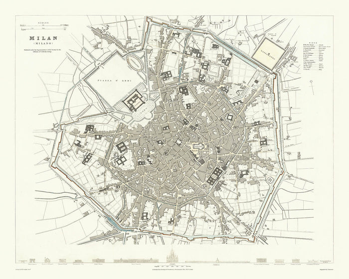 Old Map of Milan, 1832: Duomo, Sforza Castle, Piazza d'Armi, Royal Palace, Lazzaretto