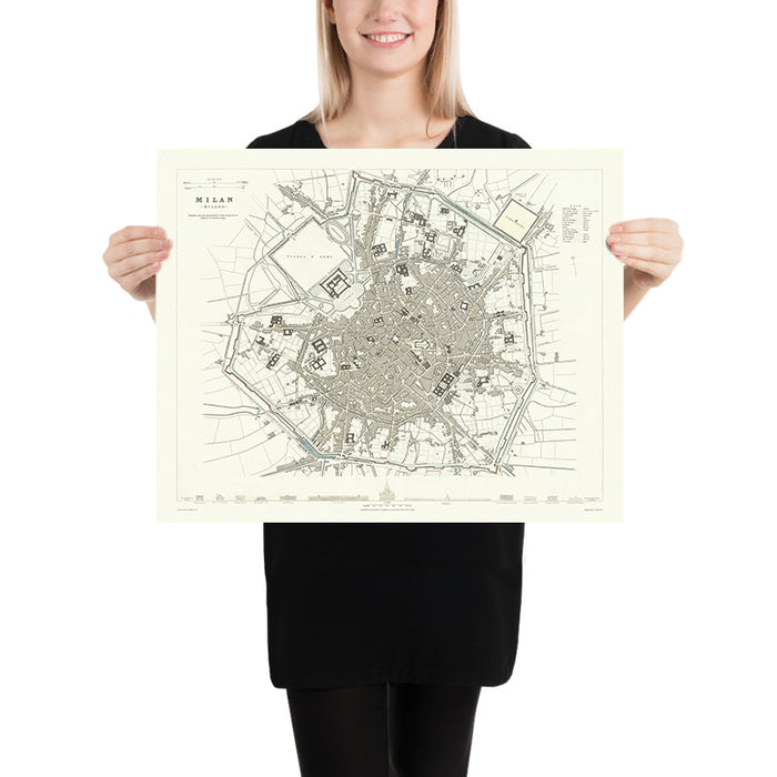 Old Map of Milan, 1832: Duomo, Sforza Castle, Piazza d'Armi, Royal Palace, Lazzaretto