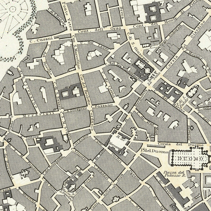 Old Map of Milan, 1832: Duomo, Sforza Castle, Piazza d'Armi, Royal Palace, Lazzaretto