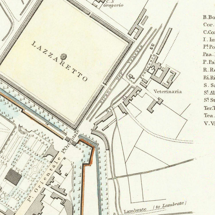 Old Map of Milan, 1832: Duomo, Sforza Castle, Piazza d'Armi, Royal Palace, Lazzaretto