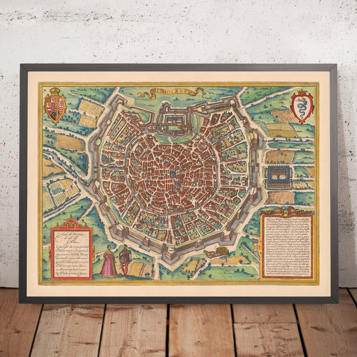 Old Map of Milan by Braun & Hogenberg, 1572: Cathedral, Fortifications, Streets, Fields