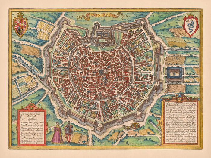 Old Map of Milan by Braun & Hogenberg, 1572: Cathedral, Fortifications, Streets, Fields