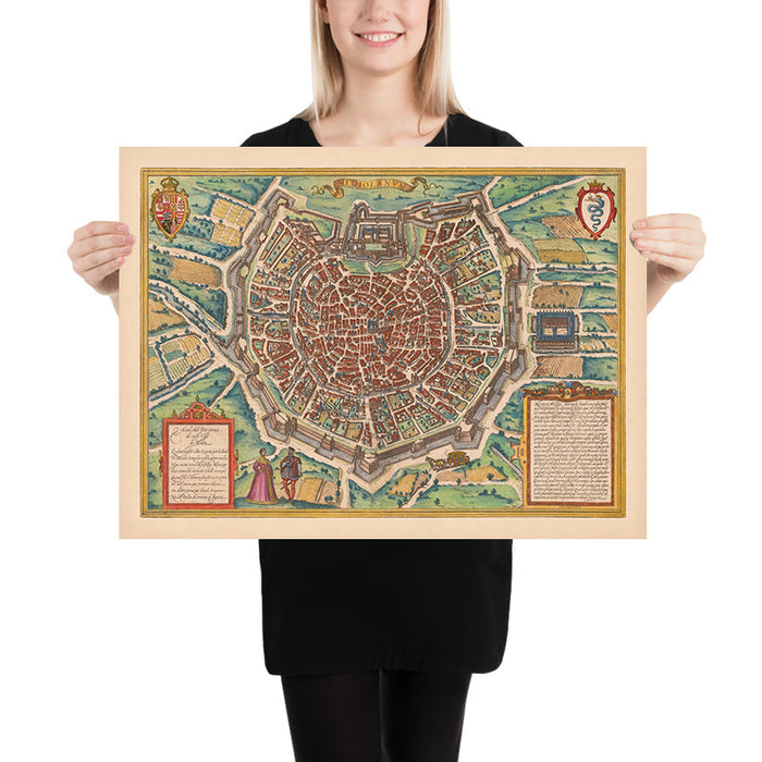 Old Map of Milan by Braun & Hogenberg, 1572: Cathedral, Fortifications, Streets, Fields