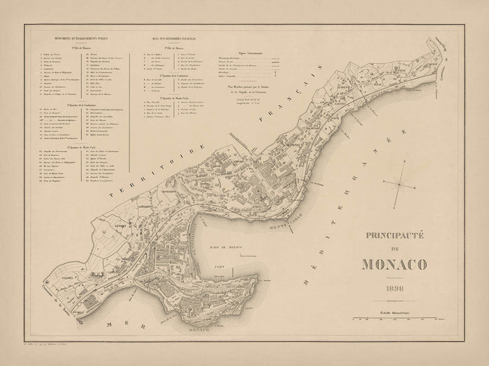 Old Map of Monaco by Gillot, 1898: Monte Carlo, La Condamine, Casino, Palais, Port