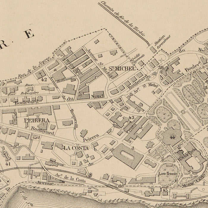 Old Map of Monaco by Gillot, 1898: Monte Carlo, La Condamine, Casino, Palais, Port