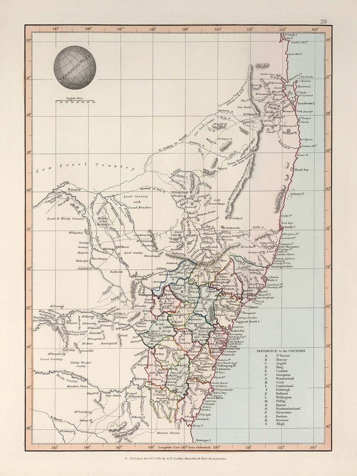 Old Map of New South Wales by Arrowsmith, 1845: Sydney, Newcastle, Rivers, Roads, Counties