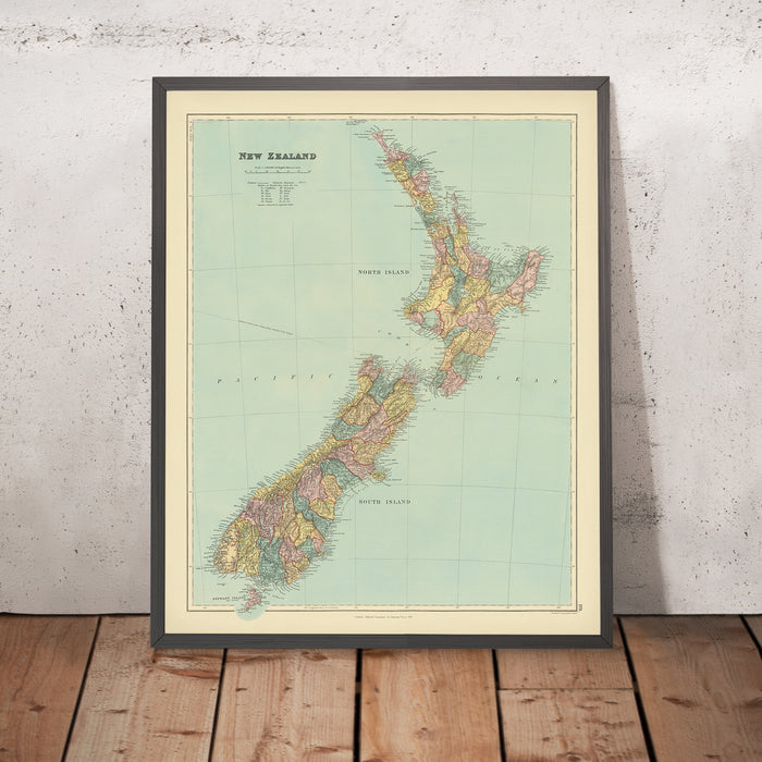 Old Map of New Zealand by Stanford, 1887: Auckland, Wellington, Southern Alps, Stewart Island, Counties