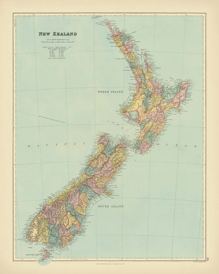 Old Map of New Zealand by Stanford, 1887: Auckland, Wellington, Southern Alps, Stewart Island, Counties