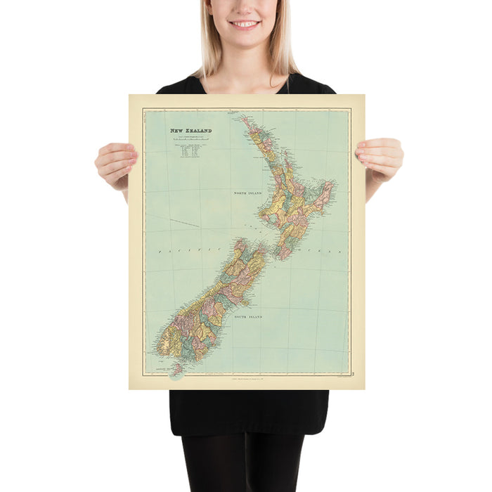 Old Map of New Zealand by Stanford, 1887: Auckland, Wellington, Southern Alps, Stewart Island, Counties