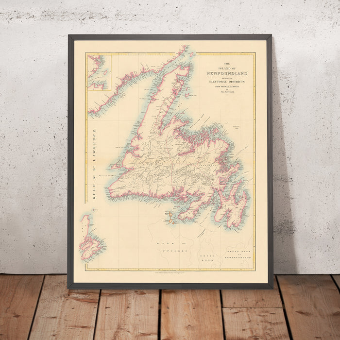 Old Map of Newfoundland by Arrowsmith, 1884: St. John's, Great Bank, Trinity Bay, Rivers, Electoral Districts