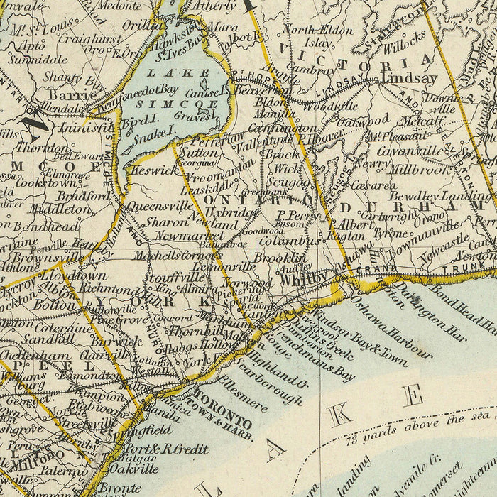 Old Map of Ontario and Part of New York, 1870: Toronto, Detroit, Lake Ontario, Railways, Niagara Falls
