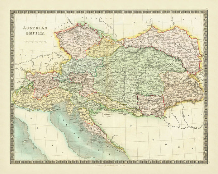 Old Map of the Austrian Empire by Teesdale, 1834: Bohemia, Galicia, Slovenia, Croatia, Alps
