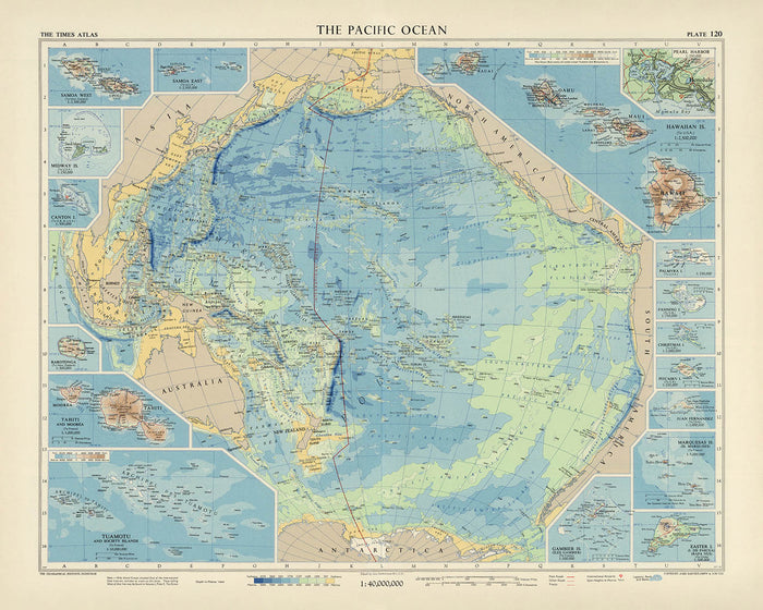 Old Map of the Pacific Ocean by Bartholomew, 1957: Inset Maps, Relief Shading