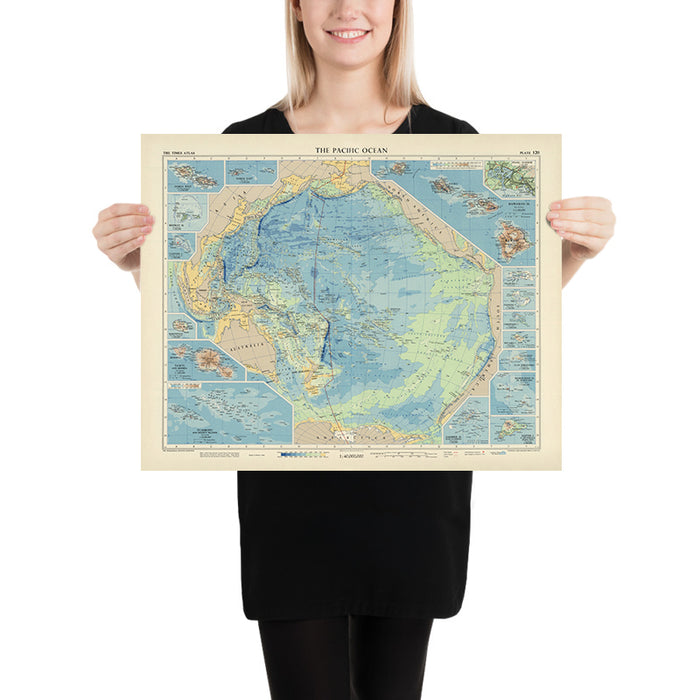 Old Map of the Pacific Ocean by Bartholomew, 1957: Inset Maps, Relief Shading