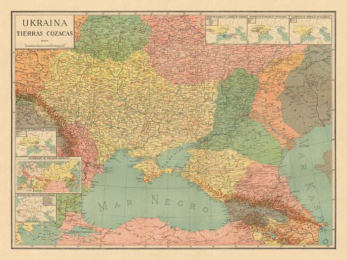 Old Map of Ukraine "Land of the Cossacks", 1943: Kyiv, Black Sea, Carpathians