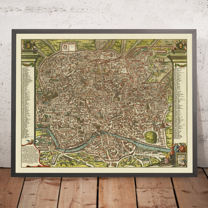 Old Pictorial Map of Ancient Rome, 1696: Tiber River, Colosseum, Circus Maximus, Pantheon, Roman Forum