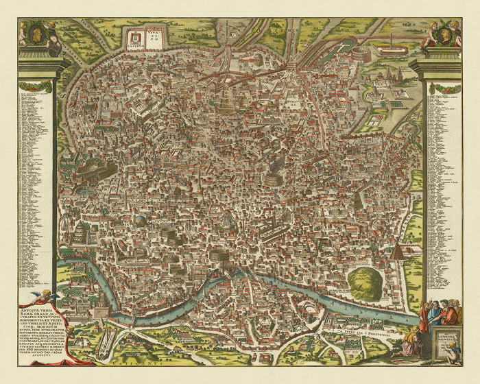 Old Pictorial Map of Ancient Rome, 1696: Tiber River, Colosseum, Circus Maximus, Pantheon, Roman Forum