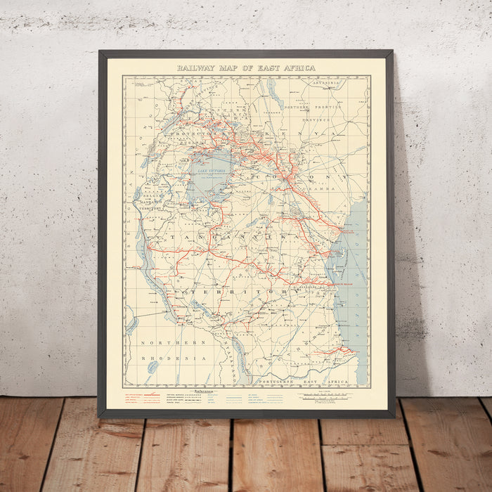 Old Railway Map of East Africa, 1956: Lake Victoria, Kilimanjaro, Kenya, Tanganyika, Uganda