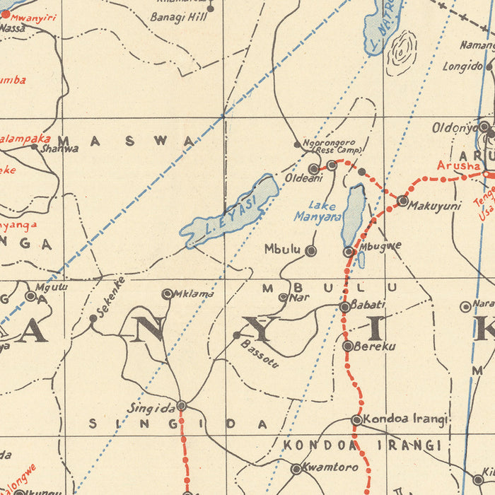 Old Railway Map of East Africa, 1956: Lake Victoria, Kilimanjaro, Kenya, Tanganyika, Uganda