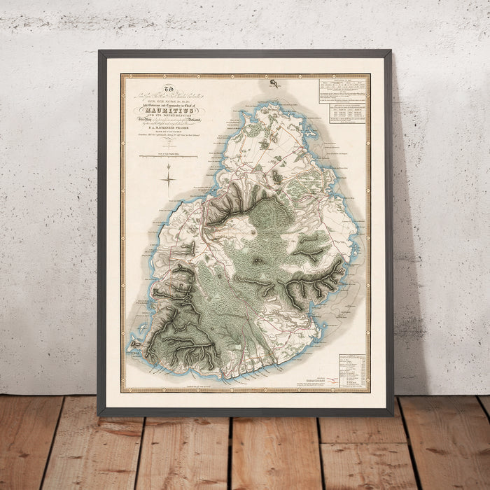 Old Rare Map of Mauritius by Fraser, 1835: Port Louis, Mahébourg, Mountains