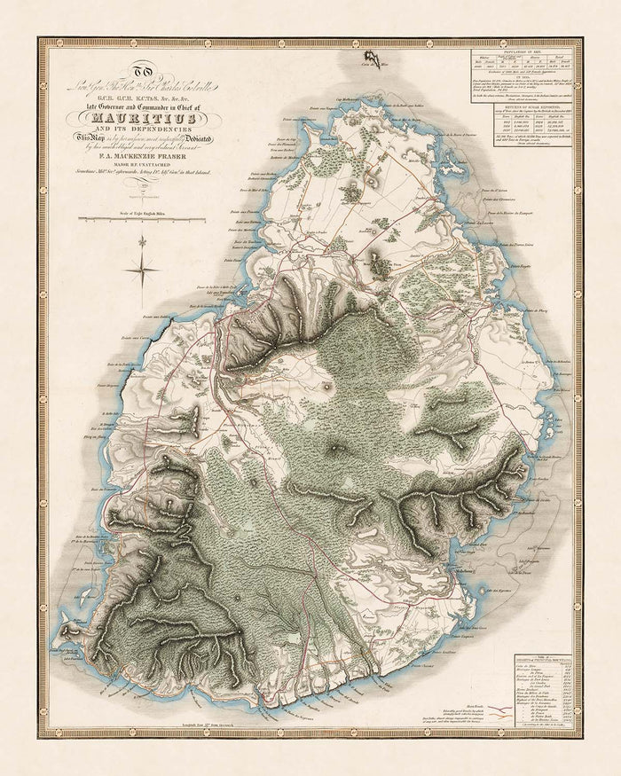 Old Rare Map of Mauritius by Fraser, 1835: Port Louis, Mahébourg, Mountains