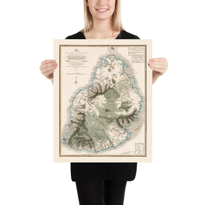 Old Rare Map of Mauritius by Fraser, 1835: Port Louis, Mahébourg, Mountains