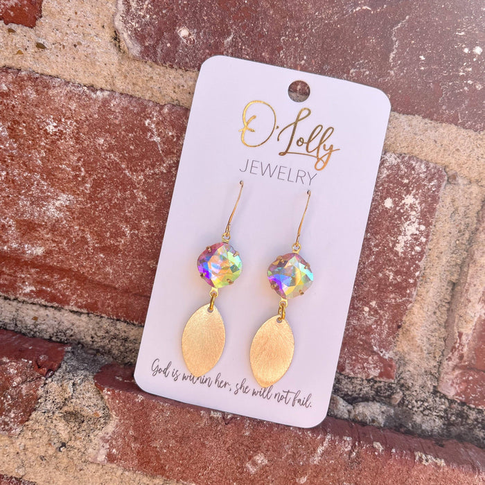 O'Lolly "Chloe" Earrings - 12mm Stone w/Leaf Gold Dangle: AB