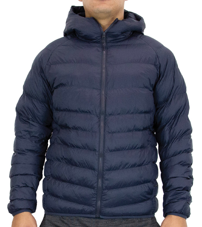 Men's navy hooded quilted puffer jacket with front zipper and horizontal baffle stitching