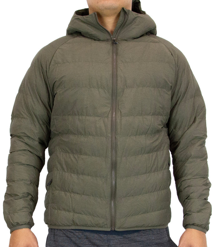 Men's olive-green quilted hooded jacket with front zipper and horizontal baffles