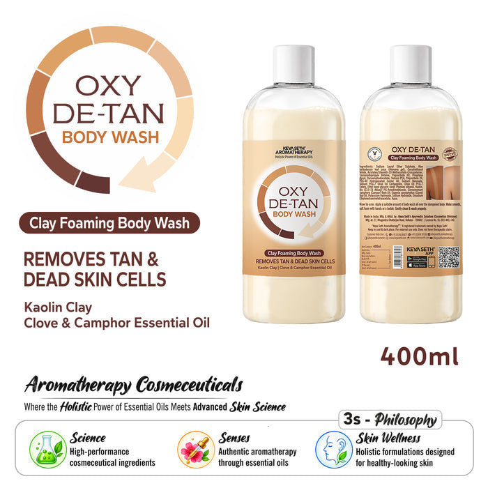 Oxy-De-Tan Clay Foaming Body Wash - Removes Tan & Dead Skin, Glowing & Lightens Skin with Essential Oils - Keya Seth Aromatherapy