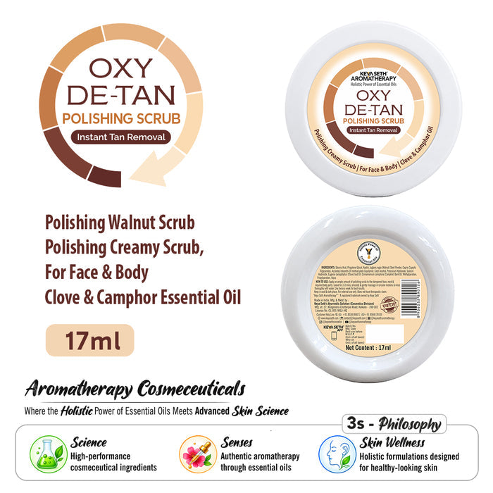 Oxy De Tan Face & Body Polishing Walnut Scrub - Removes Tan, Glowing & Lightens Skin with Essential Oils - Keya Seth Aromatherapy