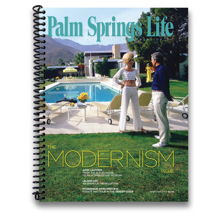 Magazine cover titled 'Palm Springs Life' featuring a couple by a pool.