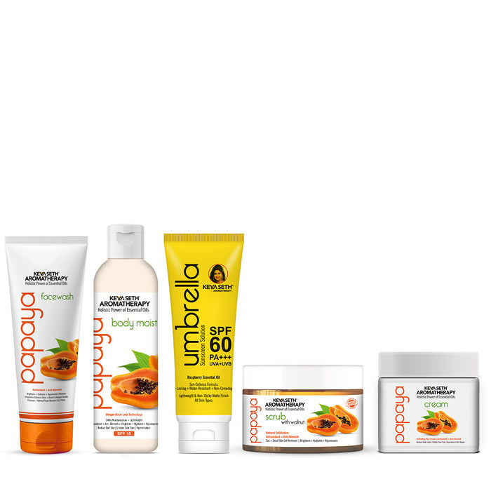 Papaya Skincare Routine for Aging Skin – Facewash, Cream & Body Moist, Scrub, SPF 60 to Cleanse, Exfoliate, Hydrate & Protect - Keya Seth Aromatherapy