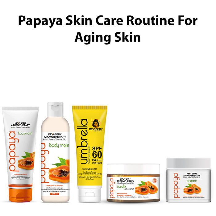 Papaya Skincare Routine for Aging Skin – Facewash, Cream & Body Moist, Scrub, SPF 60 to Cleanse, Exfoliate, Hydrate & Protect - Keya Seth Aromatherapy