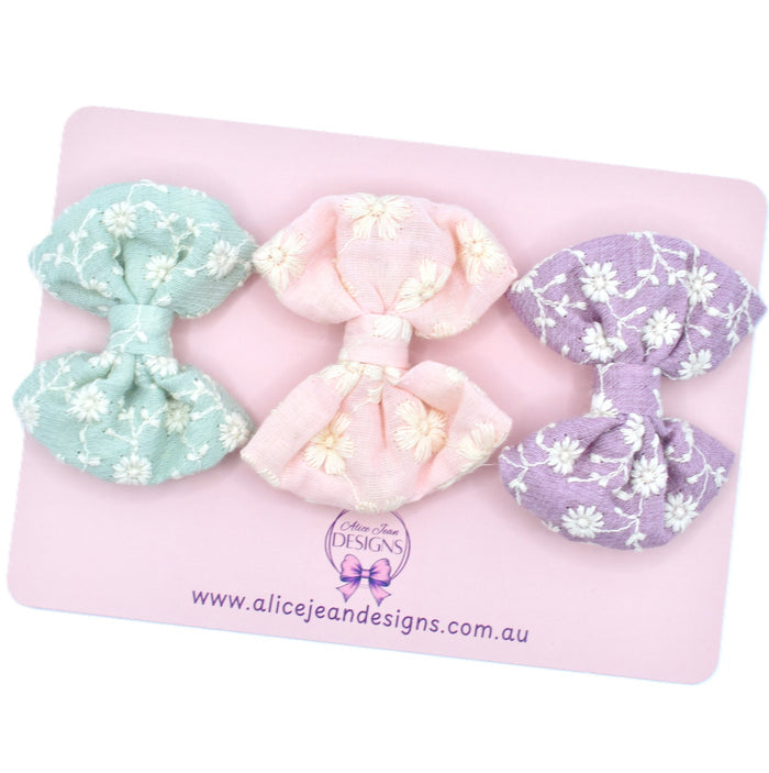 Pastel Floral Hair Bow - Set of 3, Girls Hair Clips, Pink Mint & Purple Bows